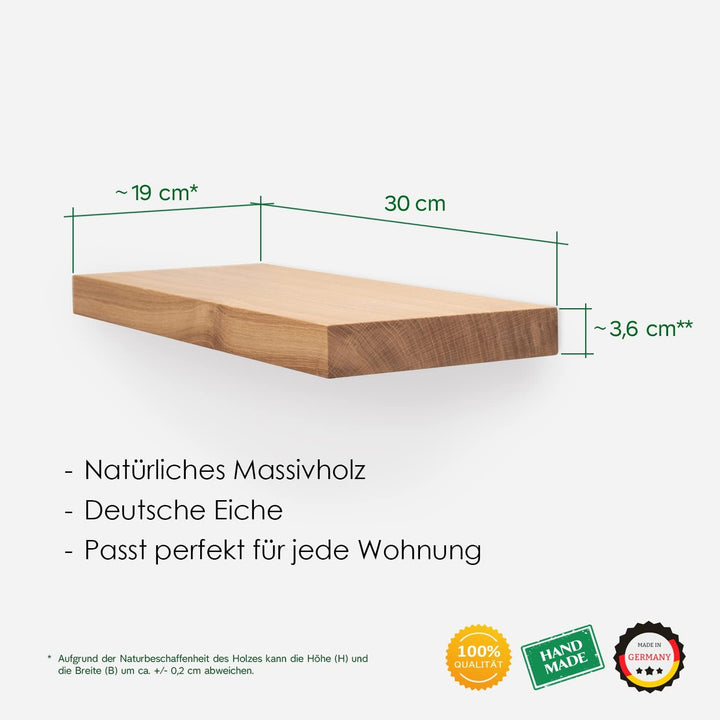 Wandregal Holz Eiche Massiv Schweberegal - Handgefertigtes Regal Bücherregal Holzregal Wandboard HOL