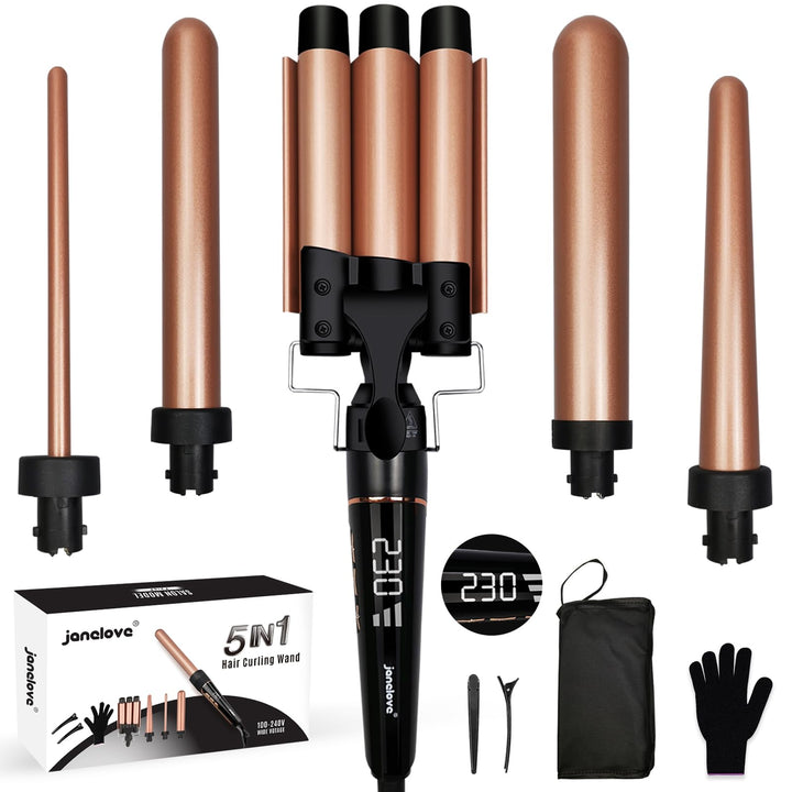 5 in 1 Lockenstab Set 3 Fässer Welleneisen Lockenstab für Grosse Locken, Kleine Locken, Temperaturei
