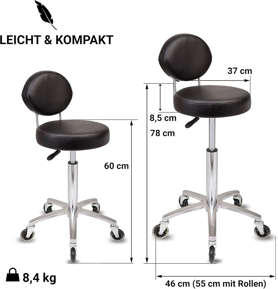 Staboos Rollhocker bis 160 kg - Premium Sitz rund mit Lehne - Praxishocker (Premium Rollen) Drehhock
