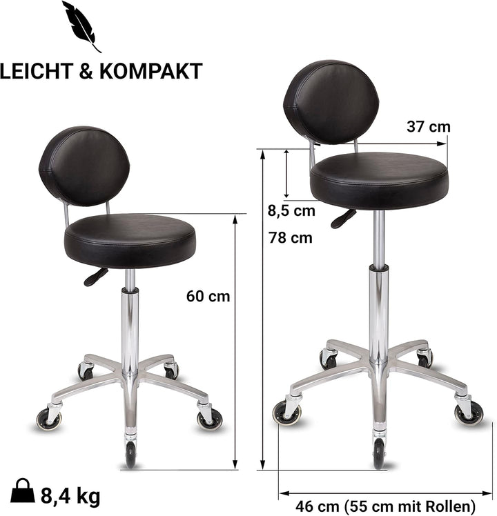 Staboos Rollhocker bis 160 kg - Premium Sitz rund mit Lehne - Praxishocker (Premium Rollen) Drehhock