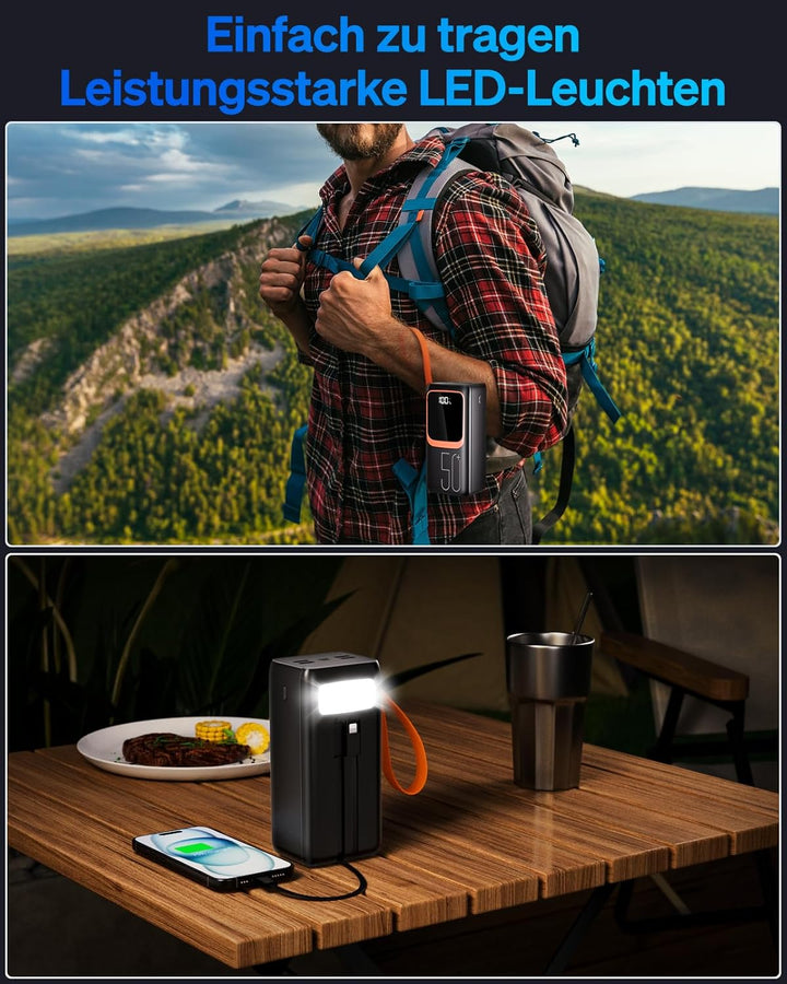 50000mAh Power Bank mit integriertem Kabel: 22,5W schnell aufladende Externe Batterie mit grosser Ka