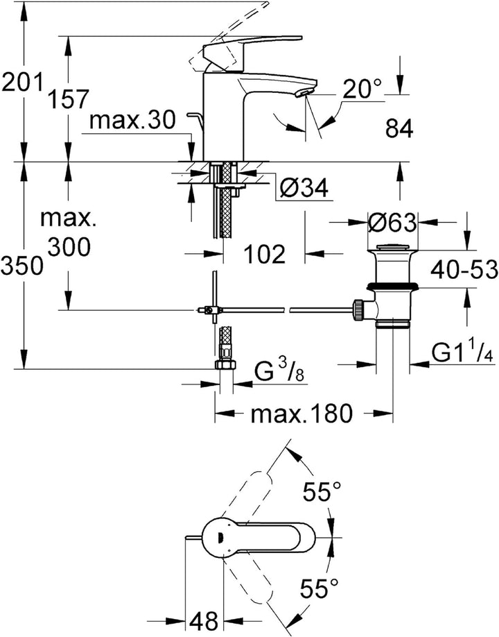 Grohe Eurostyle Cosmopolitan | Badarmatur - Waschtischarmatur | mit Zugstange, S-Size, mit EcoJoy |