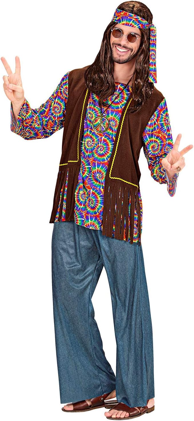 "PSYCHEDELIC HIPPIE MAN" (shirt with vest, pants, headband, necklace) - (XL), XL