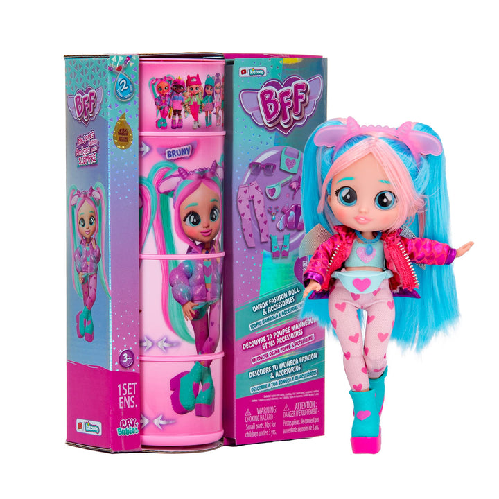 BFF Cry Babies S2 Bruny Modepuppe zum Sammeln mit Langen Haaren, Stoffkleidung und 10 Accessoires –