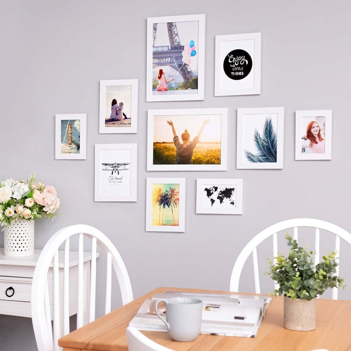 PHOTOLINI Bilderrahmen-Set Weiss MDF-Holz, breite Rahmen, 10er Rahmenset, modern, bruchsicheres Acry