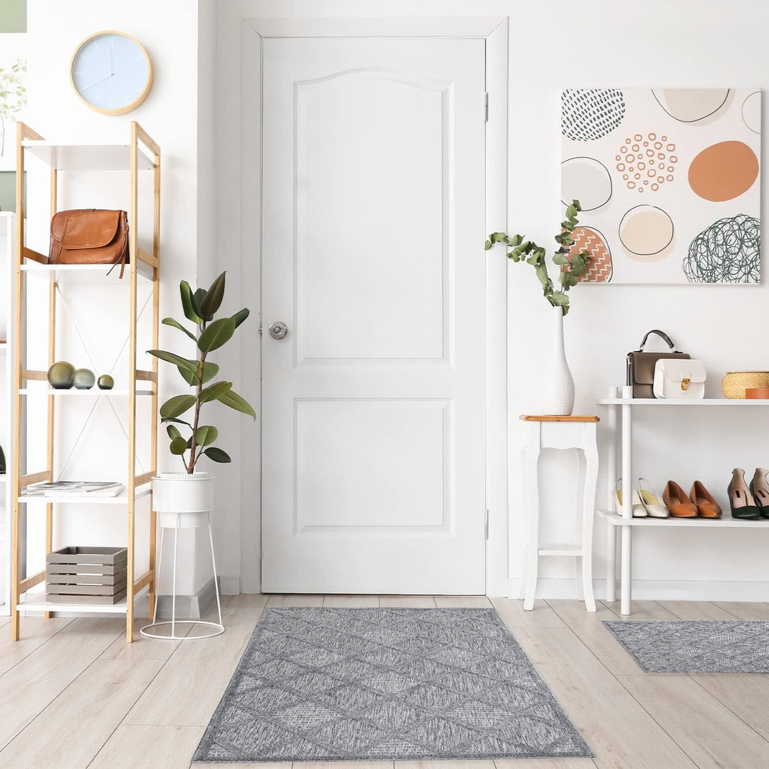 payé Teppich Läufer - Anthrazit Raute - 80x250cm - Boho Deko Teppiche für Balkon Terrasse Garten - I