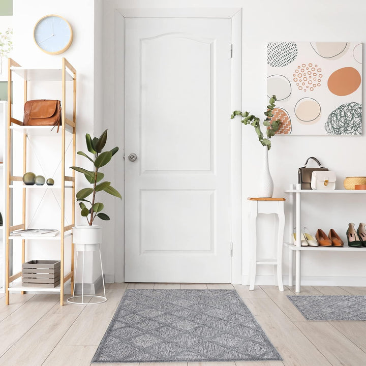 payé Teppich Läufer - Anthrazit Raute - 80x250cm - Boho Deko Teppiche für Balkon Terrasse Garten - I