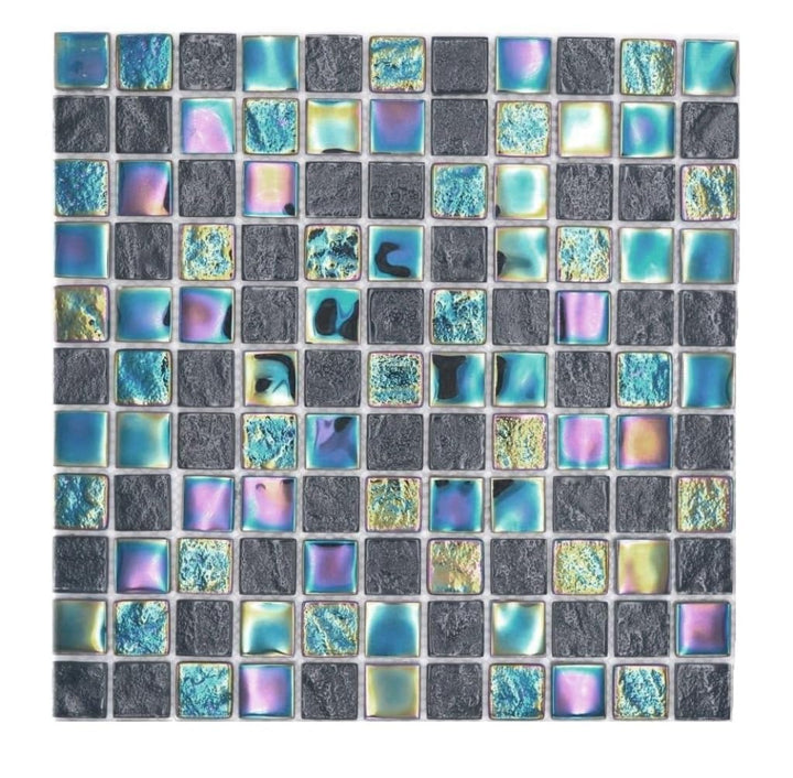 Mosaikfliese Glasmosaik small flip flop irisierend schwarz saphirblau mehrfarbig Küchenrückwand Dusc