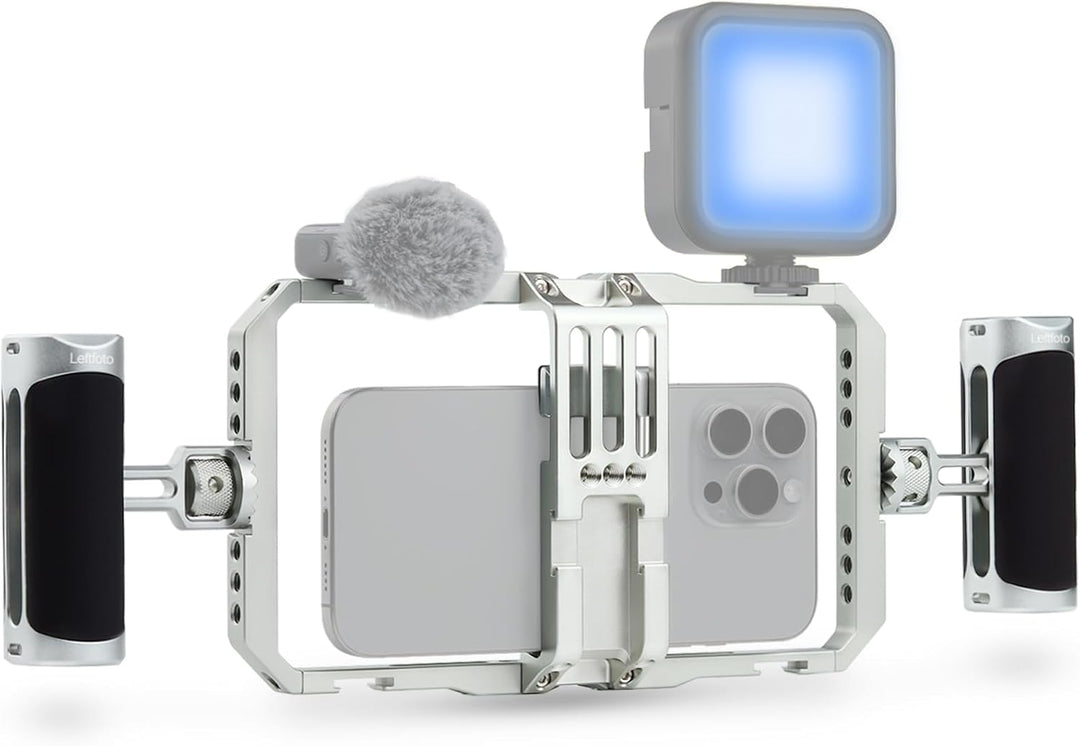 Leftfoto Universeller Aluminium-Stabilisator-Käfig, Smartphone-Video-Rig mit zwei Griffen für iPhone