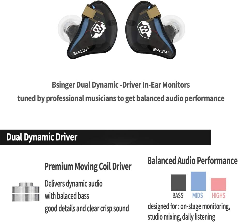 BASN Bsinger In-Ear-Monitore Geräuschisolierende Kopfhörer, Dual-dynamische Treiber High Definition