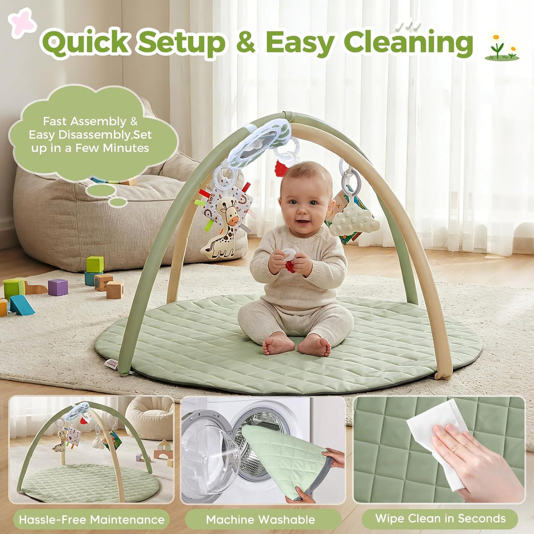 Baby-Spielmatte, Spielbogen mit Spielzeug, Spiegel und Stoffbuch – Boden-Spieldecke (Ø 90 cm) mit ab