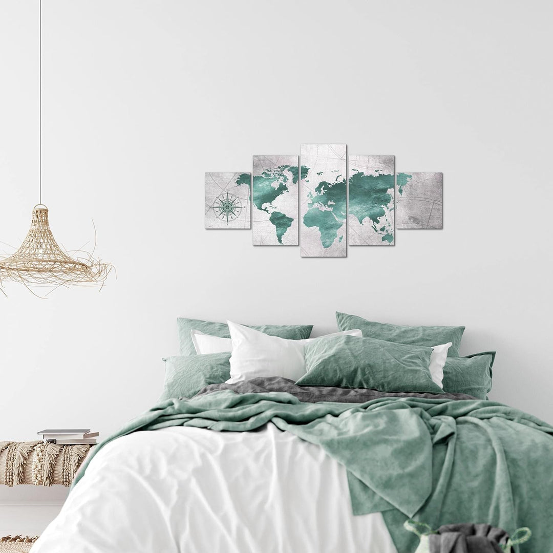 Runa Art Wandbilder Weltkarte 5 Teilig Bild auf Vlies Leinwand Deko Büro Wohnzimmer Betonoptik Schwa