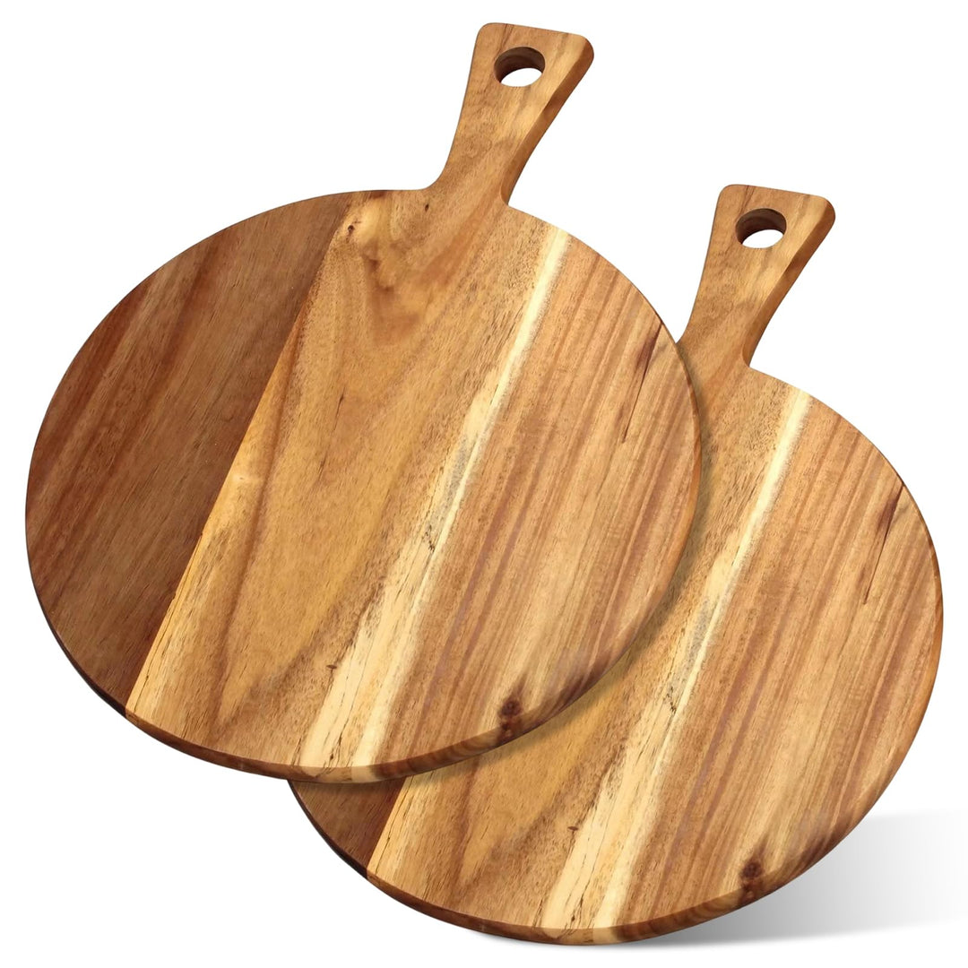FARYODI 2 Stück 30 cm Pizzabrett Holz, Rund Pizzateller Holz, Pizza Teller Gross Schneidebrett mit G
