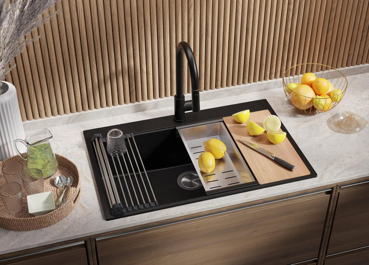 Granitspüle Schwarz 78x50 cm, Spülbecken + Ablauf-Set + Küchenarmatur 9050, Küchenspüle für 80er Unt