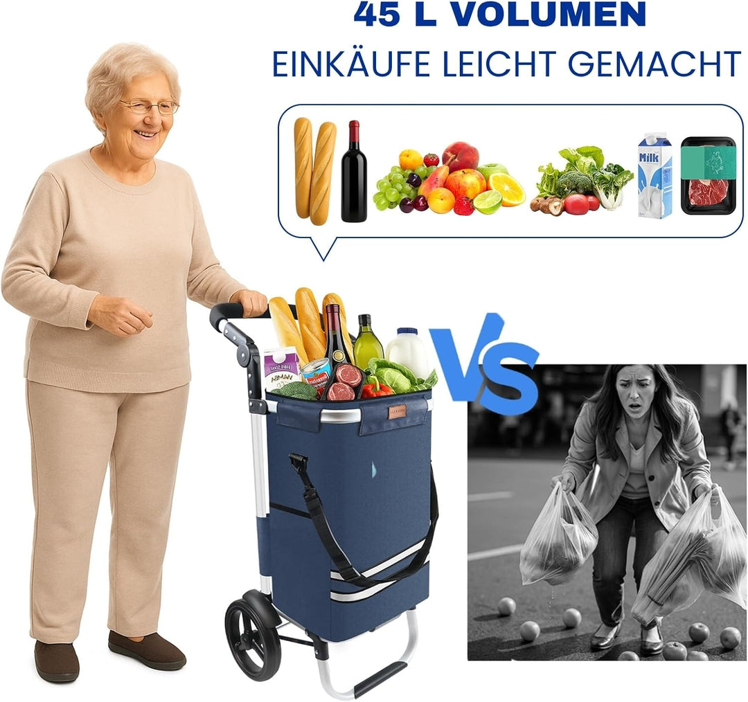Allyson Einkaufstrolley klappbar mit 56L Kapazität ，3in1 Trolley Sackkarre & Umhängetasche，Einkaufst