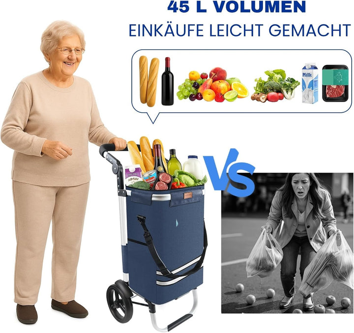 Allyson Einkaufstrolley klappbar mit 56L Kapazität ，3in1 Trolley Sackkarre & Umhängetasche，Einkaufst