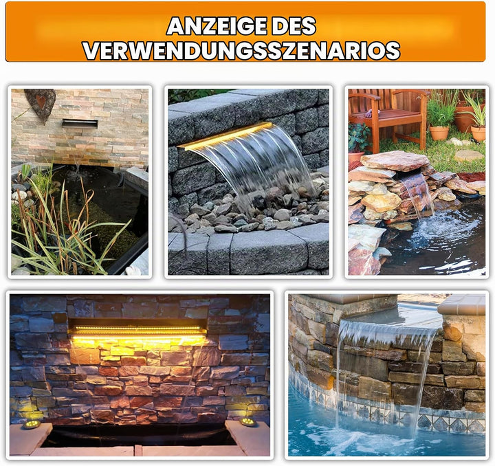 Teich Wasserfallklingen Set, 60 cm Edelstahl Poolfontäne mit Zubehör, Breite 15 cm Auslauf Wasserspi