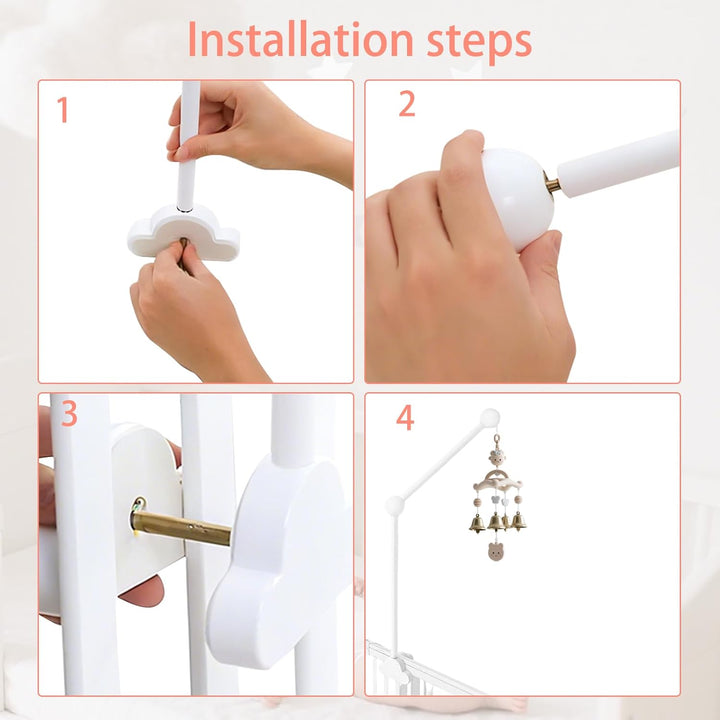 Mobile Halterung Holz für Babybett, Weiss Wolken Design, Höhenverstellbarer Baby Mobile Ständer, Kin