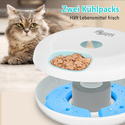 Ownpets 6 Mahlzeiten Automatischer Katzenfutterautomat für Nass/Trockenfutter, mit 2 Kühlakkus, prog