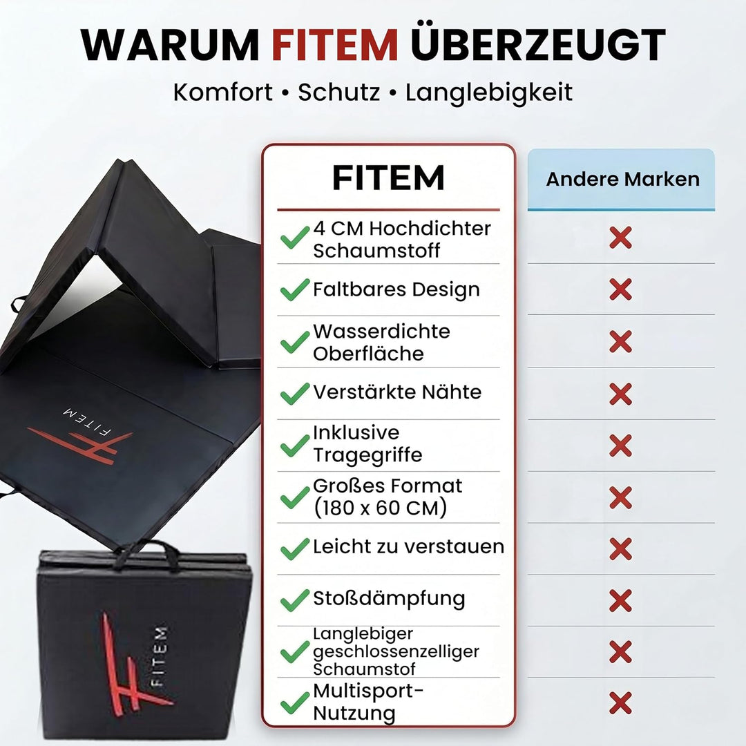 Fitem Fitnessmatten, faltbar, dick, Masse 240 x 120 x 4 cm oder 180 x 60 x 4 cm, mit Transportgriffe
