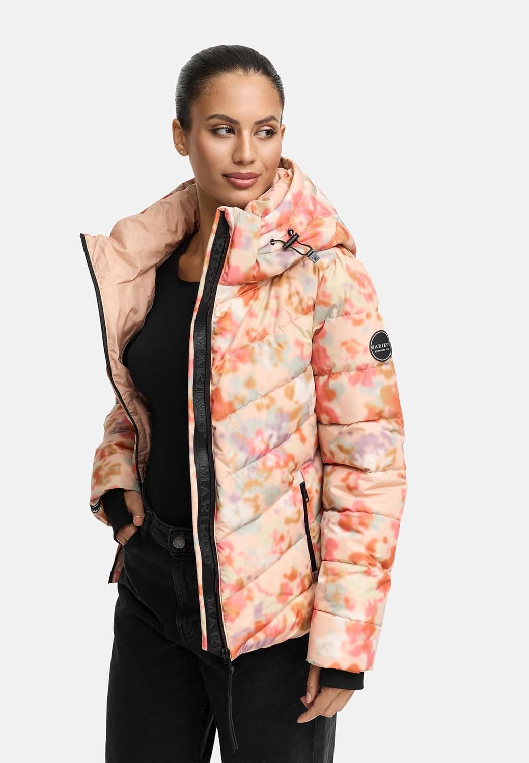 MARIKOO Damen Winterjacke warme Steppjacke mit abnehmbarer Kapuze Samuiaa XVI XS-3XL XS Wild Flower,