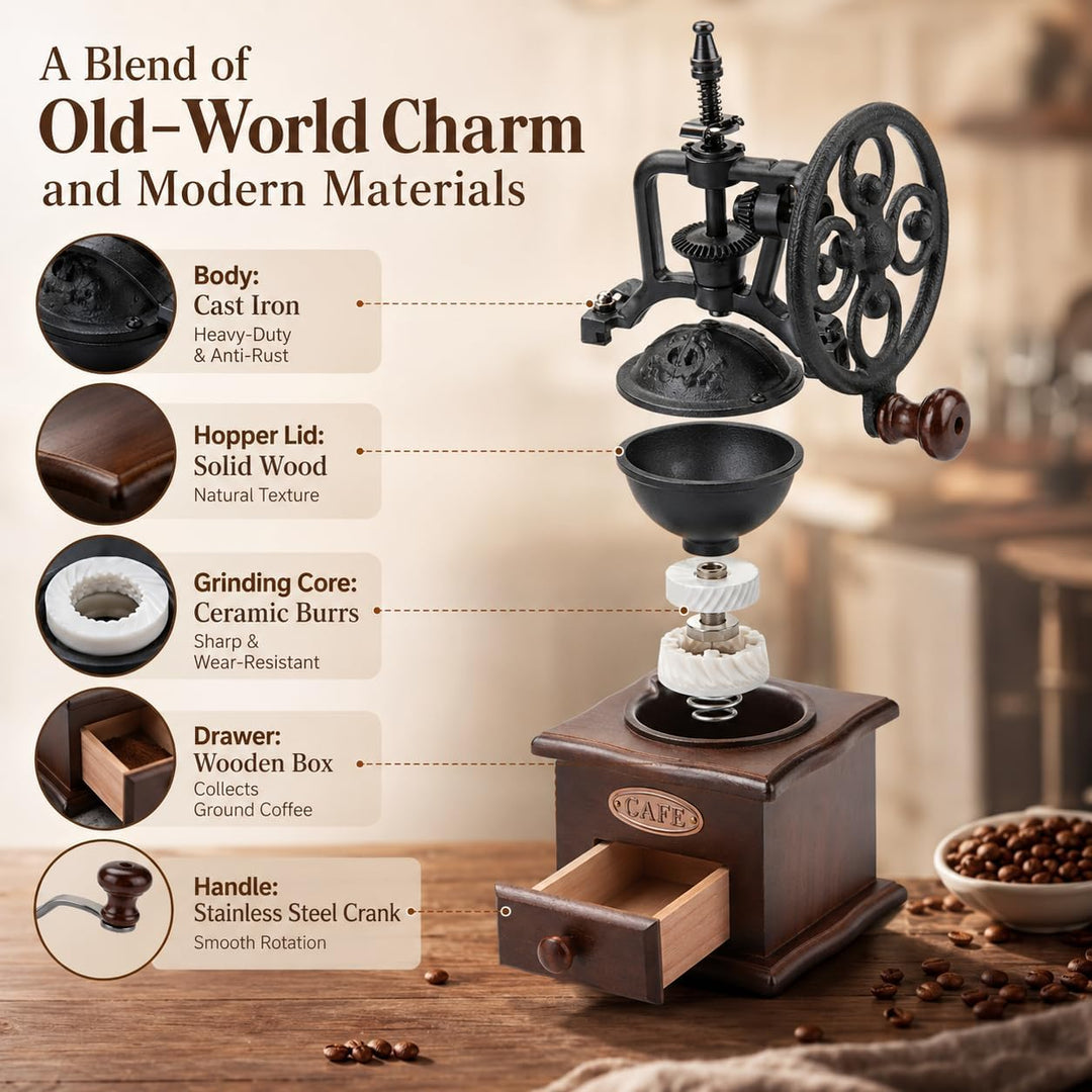 Zerodis Manuelle Kaffeemühle, Retro-Stil, Handkurbel, Holz, Keramik, Gusseisen, Mühle für Kaffeebohn