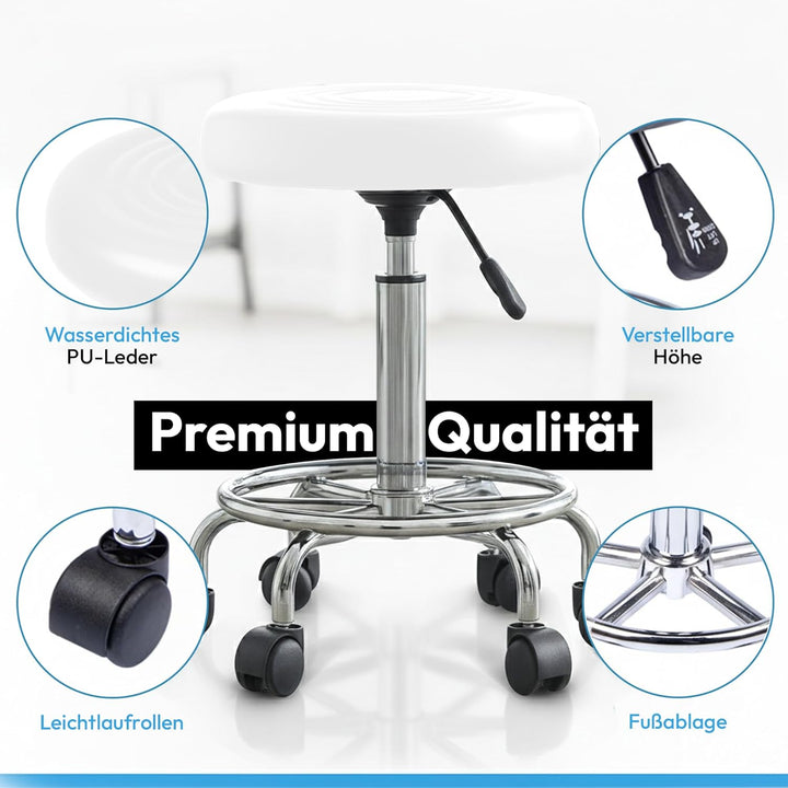 Ergonomie rollbarer Arbeitshocker Drehhocker Barhocker Praxishocker Rollhocker höhenverstellbar, wei