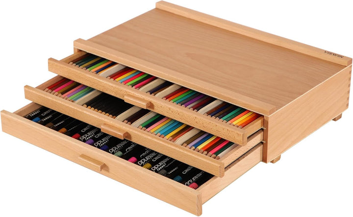 VISWIN 3-Schublade Holz Artist Supply Storage Box mit abnehmbaren Trennwänden, Premium Buche Holz Ar