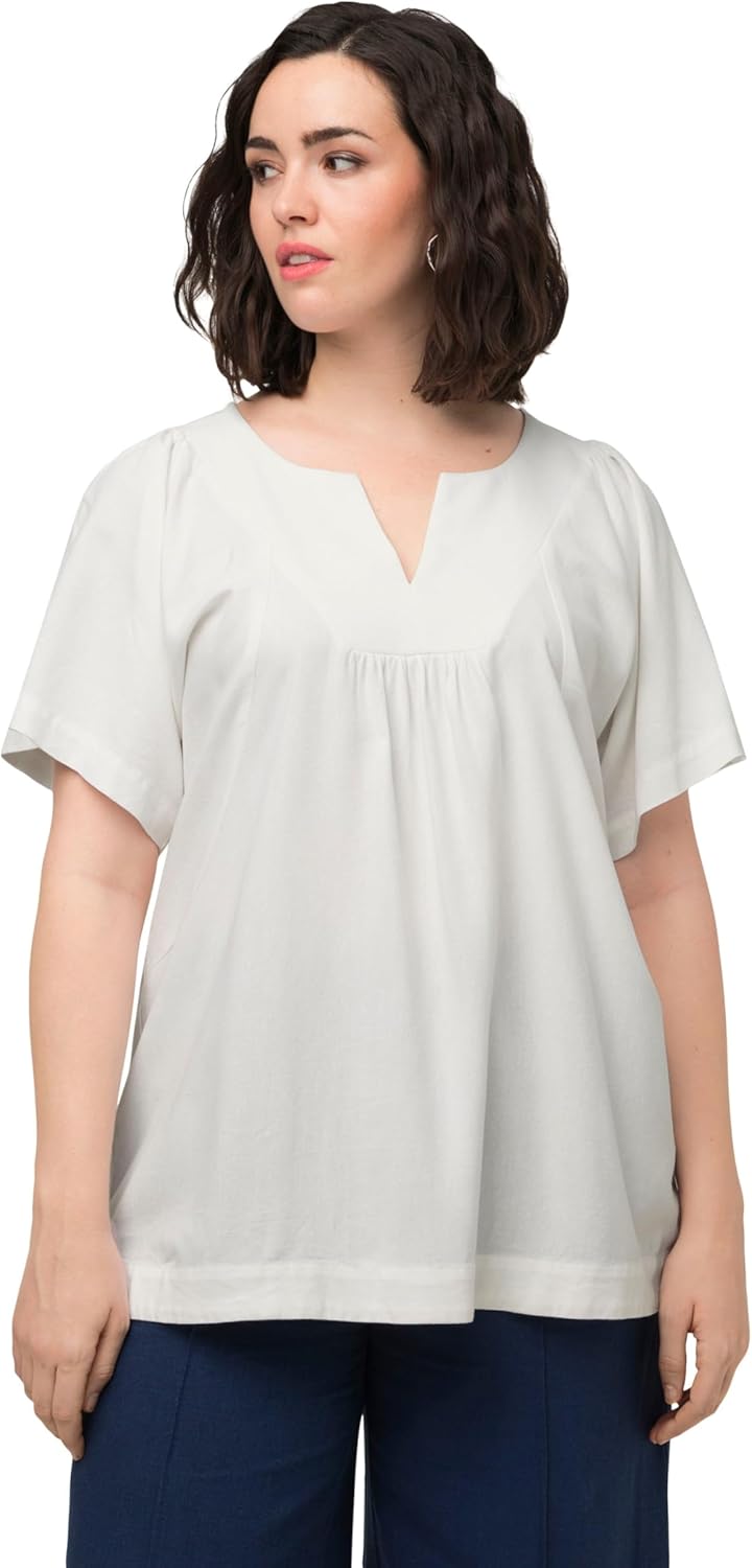 Ulla Popken Damen Tunika, Leinenmix, A-Linie, Tunika-Ausschnitt, Halbarm Bluse (1er Pack) 42 Offwhit