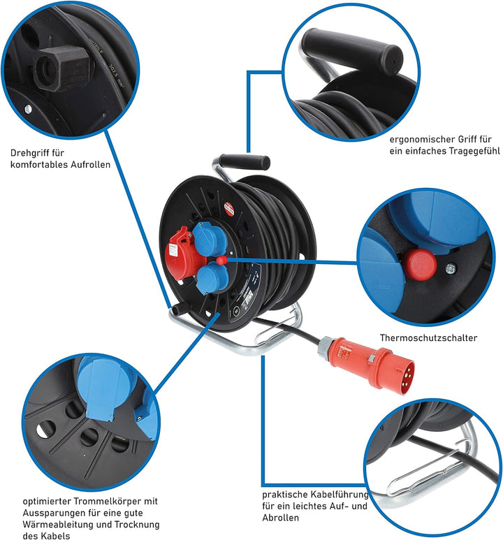 KALLE DAS KABEL Kabeltrommel RED Starkstrom mit 2 Schukosteckdosen und einer CEE 400V Steckdose H07R