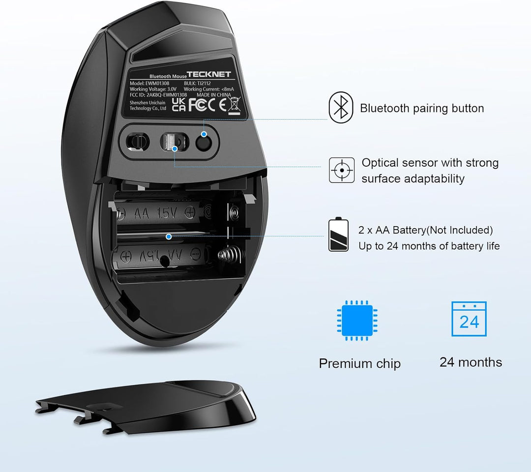 TECKNET Bluetooth Maus, 3200 DPI Kabellos, 24 Monate Batterielebensdauer, 6 Verstellbare DPI Level,