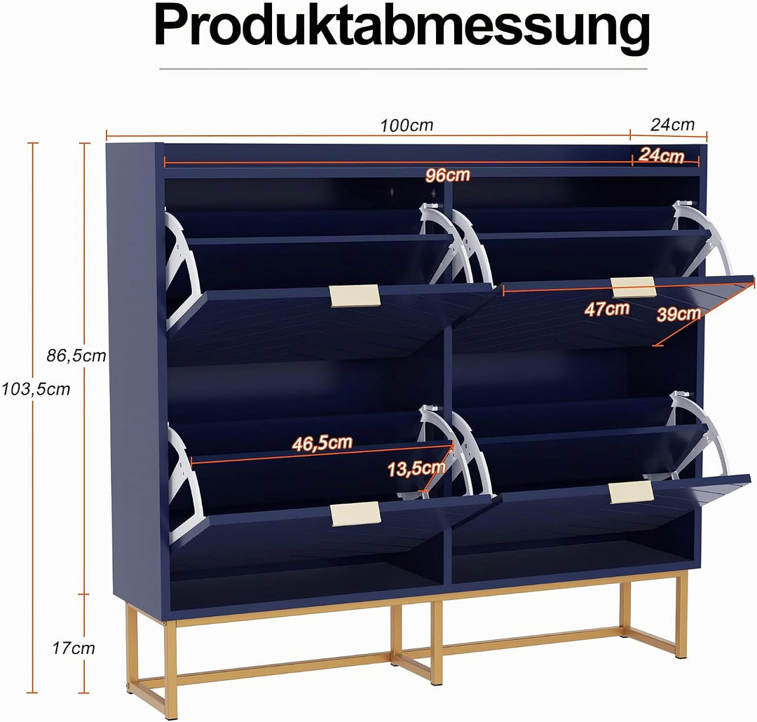 UEV Schuhschrank schmal mit 4 Klappen, 100x24x103,5cm Schuhregal (Blau) | Schuhkommode Geschlossen m