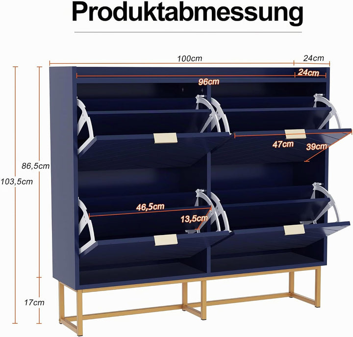 UEV Schuhschrank schmal mit 4 Klappen, 100x24x103,5cm Schuhregal (Blau) | Schuhkommode Geschlossen m