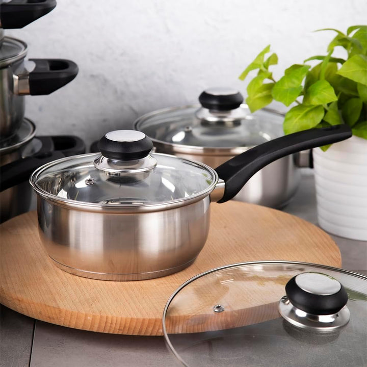 Kasserolle 16 cm Emilio 1.2L Stielkasserolle mit Deckel, klein Kasserolle, geeignet für Induktions,