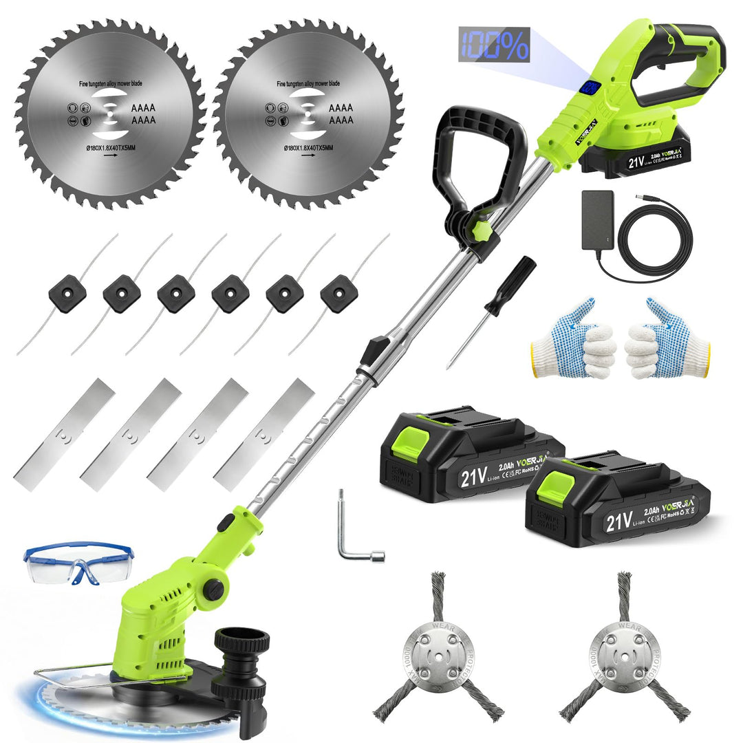 Rasentrimmer Akku 21V mit 2 Akkus und Ladegerät, Freischneider Akku 24000U/min mit LCD-Anzeige, Akku