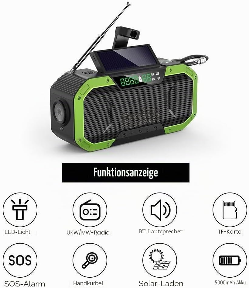 Kavolet Solar Radio, Tragbar Kurbelradio Dynamo Radio mit AM/FM, 5000mAh Power Bank Ladegerät Blitzl