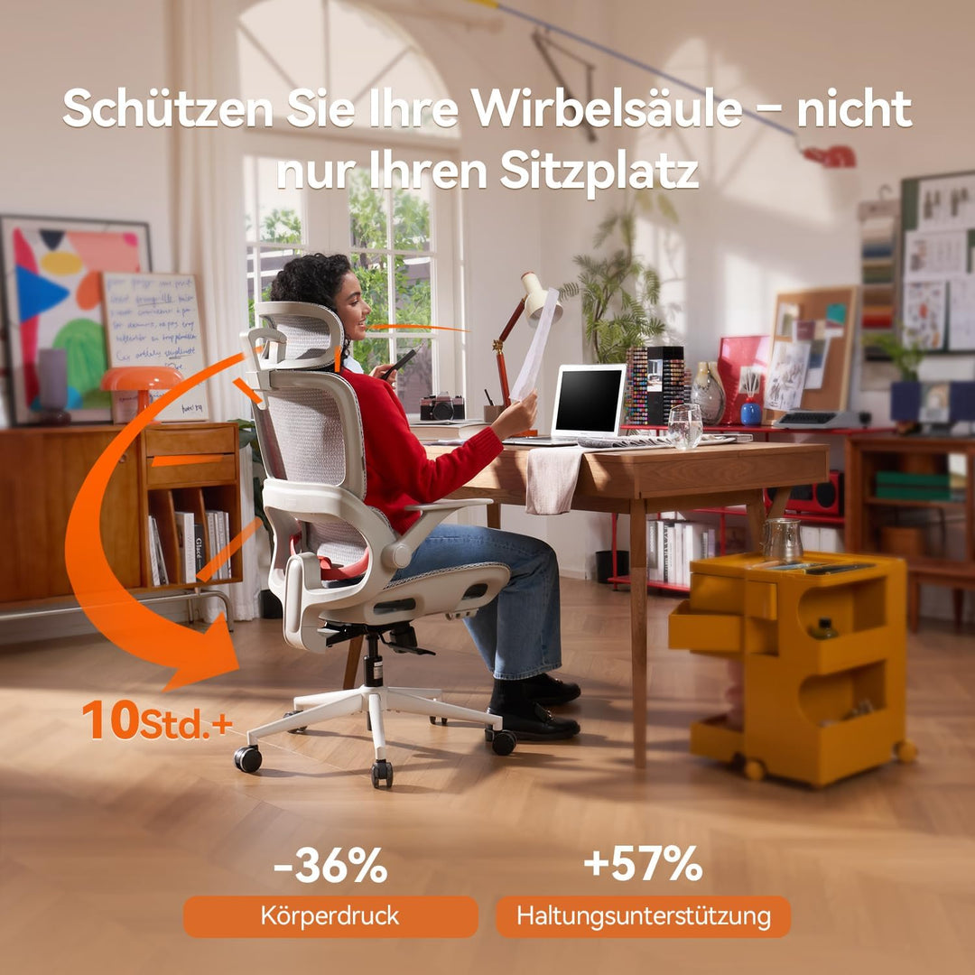 SIHOO Bürostuhl Ergonomisch,Verstellbarer Lordosenstütze Schreibtischstuhl Cremeweiss, Cremeweiss