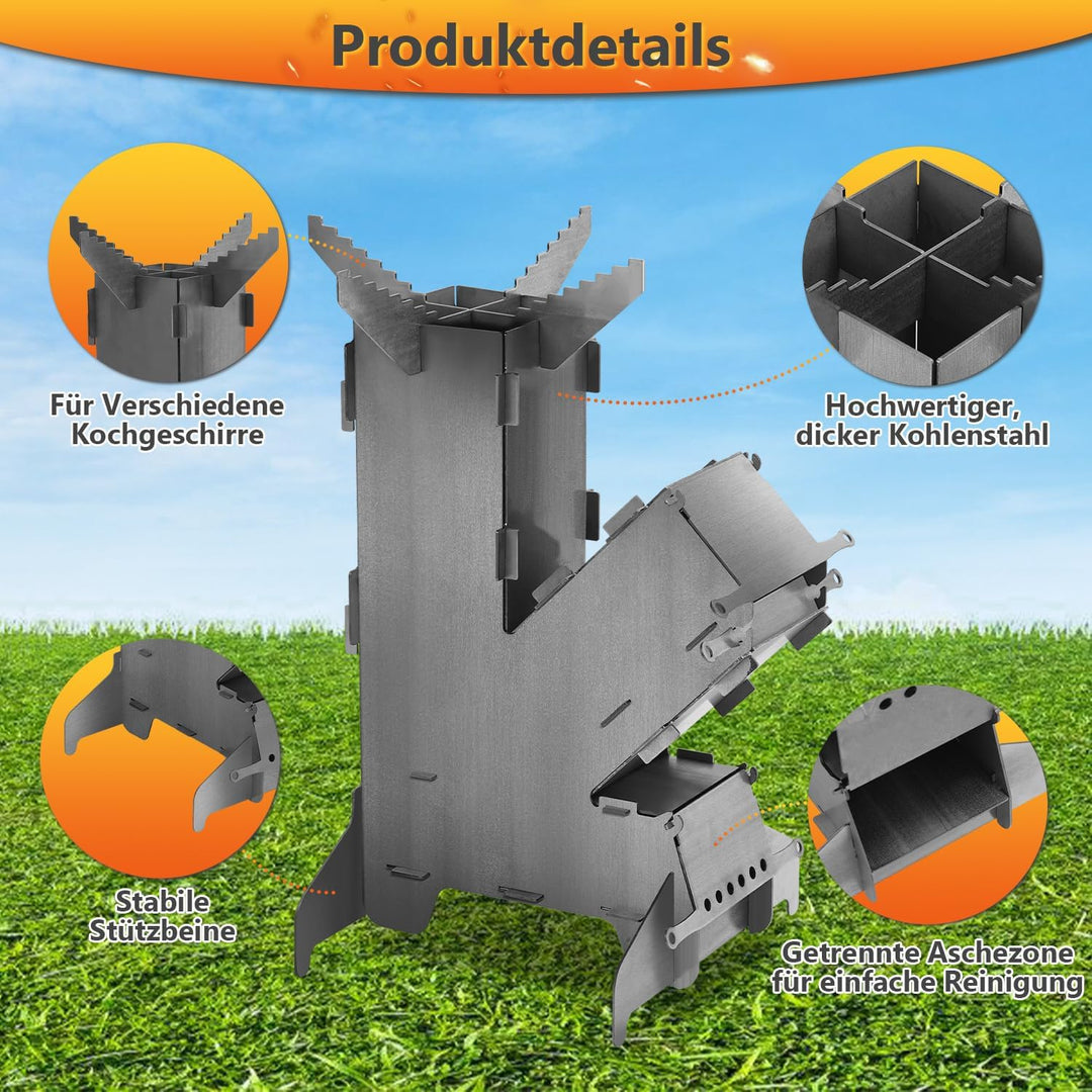 Raketenofen mit Grillplatte gross 5mm, Rocket Stove mit Feuerhaken，Kanonenofen Stecksystem aus massi