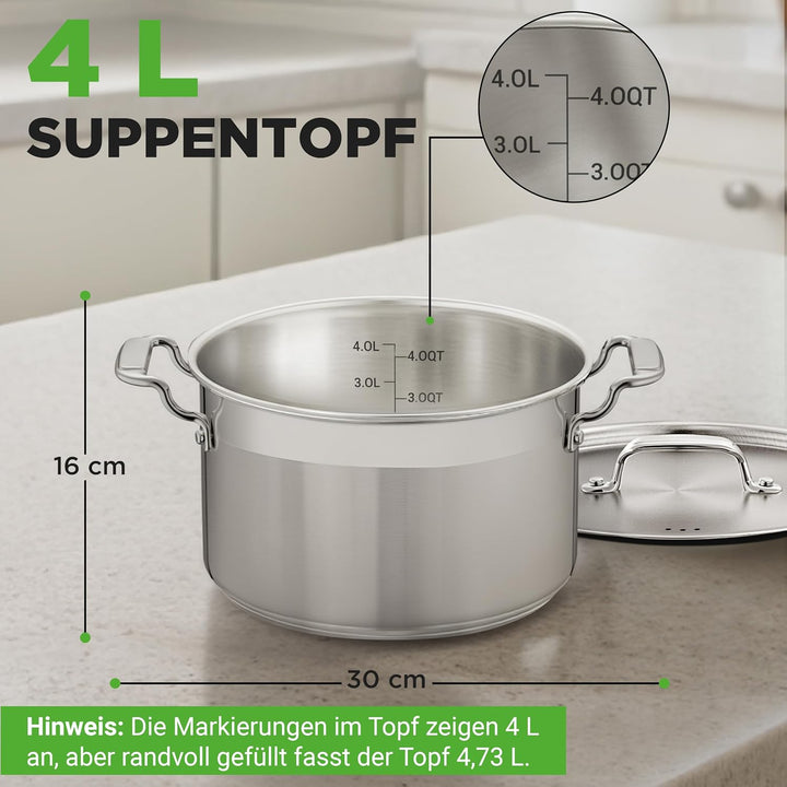 Suppentopf aus Edelstahl, 18/8 Lebensmittelqualität, robust, grosser Suppentopf für Eintopf, Eintopf