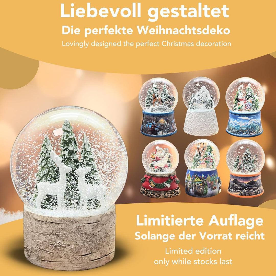 Schneekugel Weihnachten | Hüttenzauber Zwei Rehe Tannenbaum | Sockel Holzoptik | Höhe: 12cm Breite 1