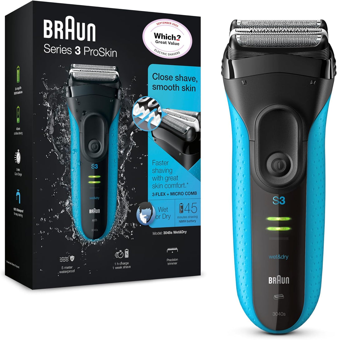 Braun Series 3 3040s-4 Rechargeable Wet and Dry Foil Elektrischer Rasierer, schwarz/blau Braun Serie