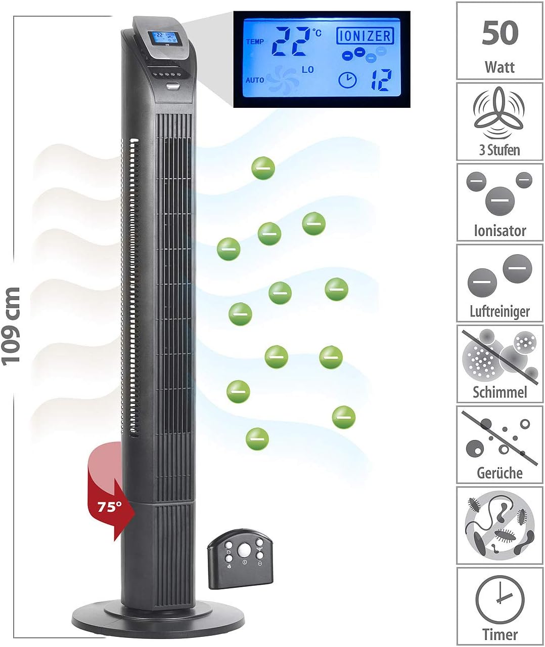 Sichler Haushaltsgeräte Turmventilator leise: 3-stufiger Design-Turmventilator mit Ionisator, 75°-Os