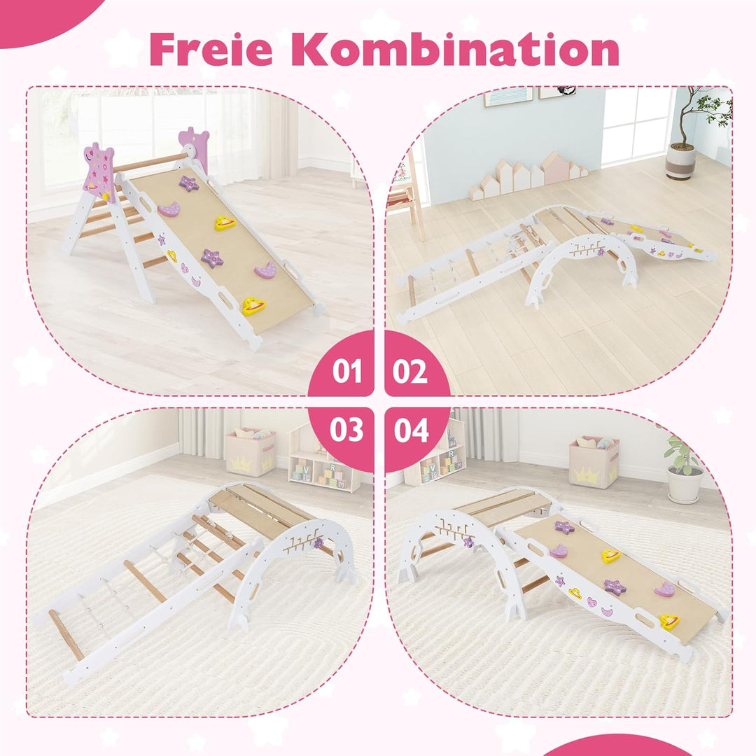 GOPLUS 9-in-1 Klettergerüst Indoor, Kletterdreieck Holz, 4er Set Kletterspielzeug mit Kletternetz, K