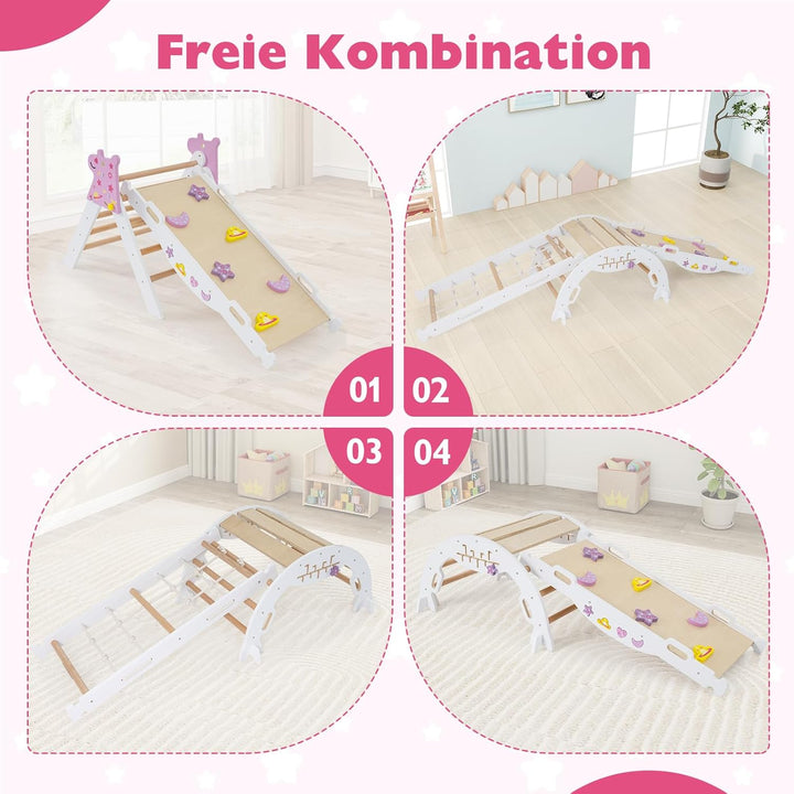 GOPLUS 9-in-1 Klettergerüst Indoor, Kletterdreieck Holz, 4er Set Kletterspielzeug mit Kletternetz, K