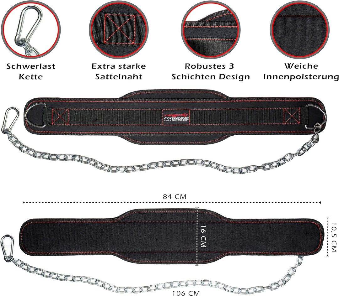 Raigeki Fitness Dip Gürtel mit Kette, 106cm Stahlkette, (+ Trainingspläne) - Gewichte Gürtel für Kra
