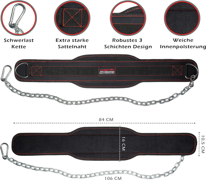 Raigeki Fitness Dip Gürtel mit Kette, 106cm Stahlkette, (+ Trainingspläne) - Gewichte Gürtel für Kra