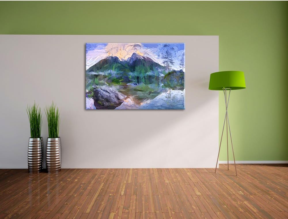 Pixxprint Sonnenaufgang am Hintersee Kunst Pinsel Effekt, Format: 100x70 auf Leinwand, XXL riesige B