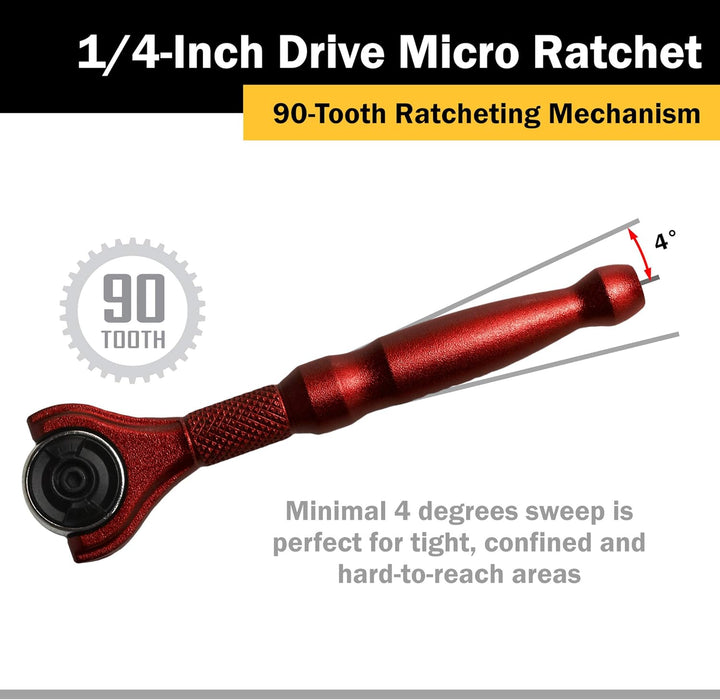 Titan 11320 1/4 Zoll Antrieb x 4 Zoll 90 Zähne Schwenkkopf Micro Ratsche – Rot Drehgelenk, Rot, Dreh