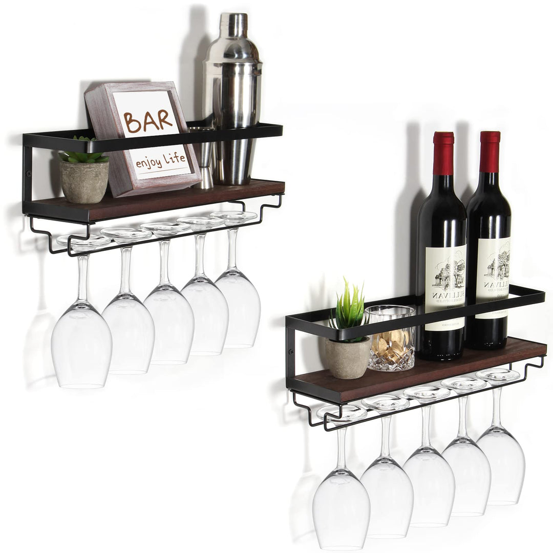 B4Life Wandmontierte Weinregal mit Glashalter, 2er Set Weinglasregal Holz, Vintage Flaschenregal aus