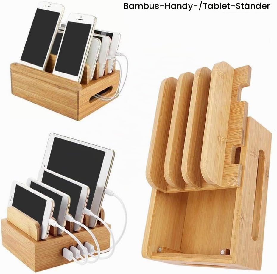Fdit Bamboo Multi-Device Stand, Ladestation für mehrere Geräte, Ladestation Telefon Tablet Cord Orga